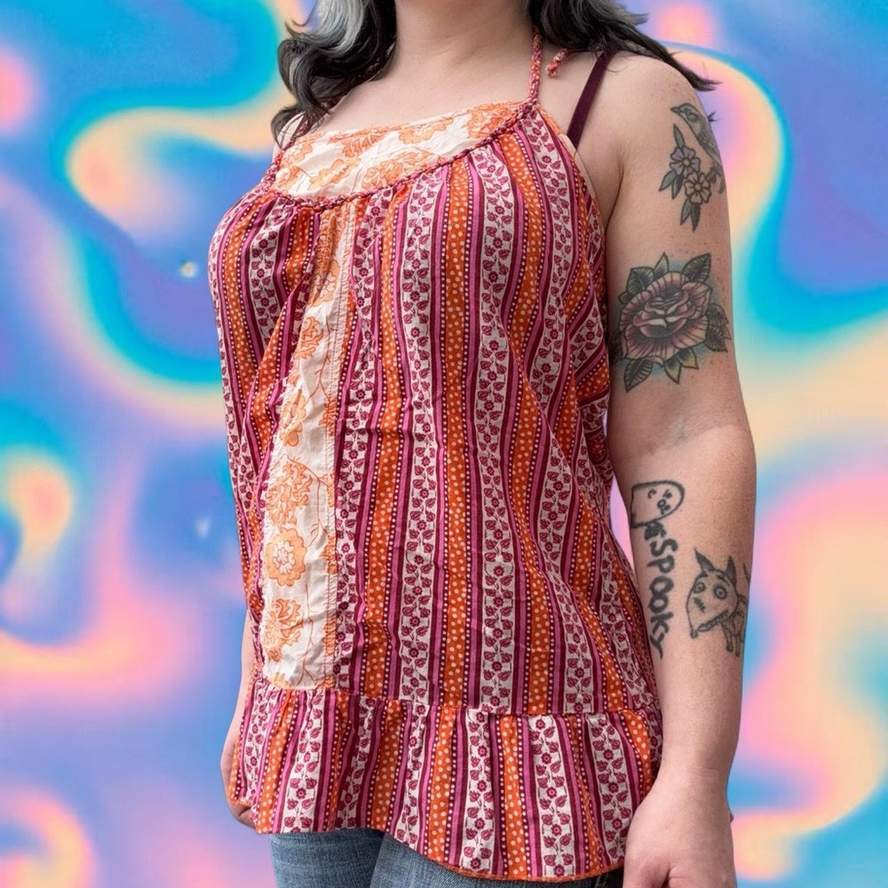 vtg y2k decree boho coachella hippie festival aop halter top, sz lg, can fit md